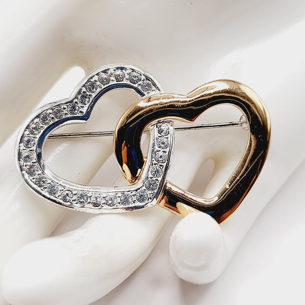 Vintage Monet Interlocking Hearts Brooch Gold Silver Tone Rhinestone